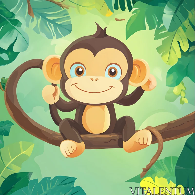 AI ART Cheerful Monkey Sitting on Tree Branch