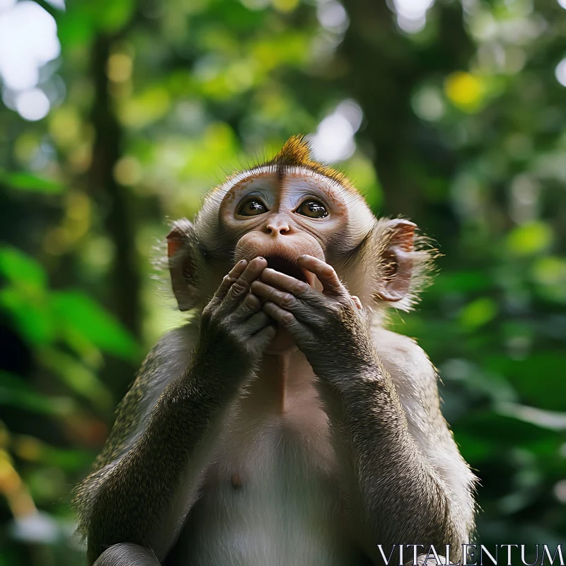 Wide-Eyed Monkey in Natural Habitat AI Image