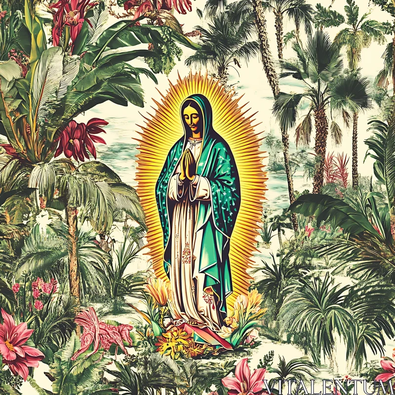 Tropical Reverence: A Saint Amidst Nature AI Image