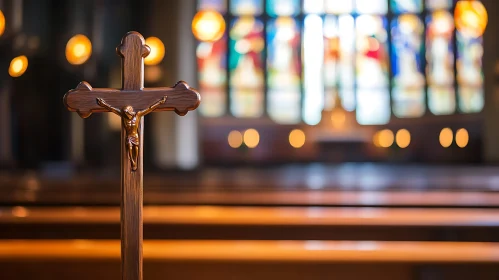 Serene Church Setting with Crucifix and Stained Glass