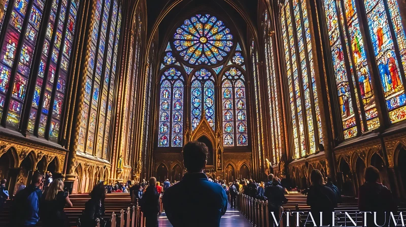 Visitors Inside a Gothic Cathedral with Stained Glass AI Image