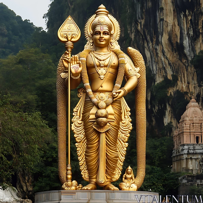 Golden Divine Statue in Scenic Landscape AI Image