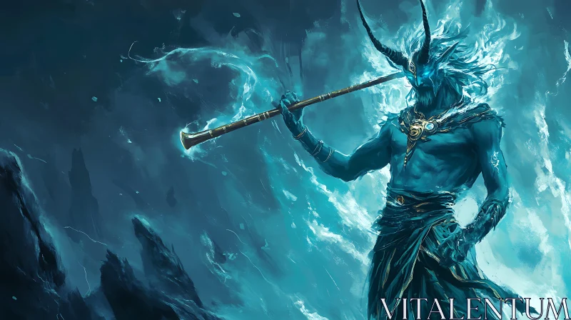 Supernatural Horned Demon in Blue Tones AI Image