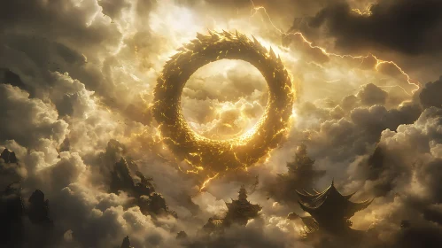 Golden Dragon Circle Above Mystical Temples