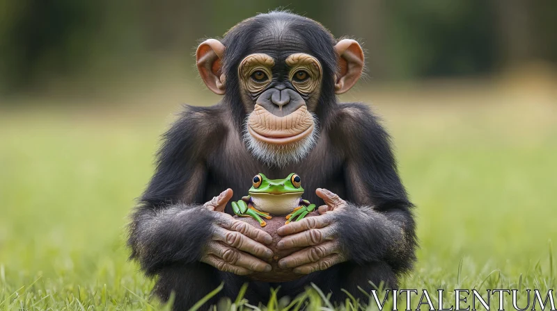 Chimpanzee and Frog in Grass Field AI Image