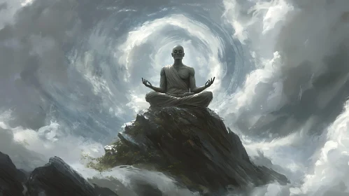 Mystical Monk Meditating in Cloud Swirl