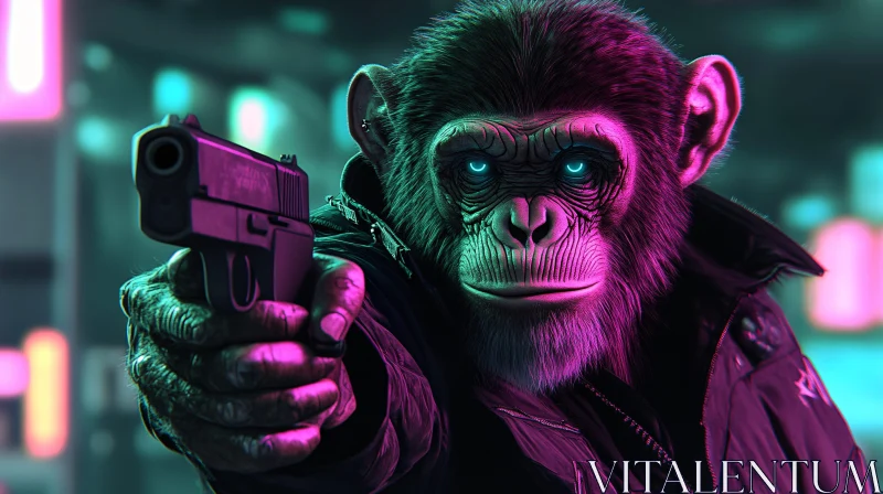 Futuristic Chimpanzee in Cyberpunk Theme AI Image