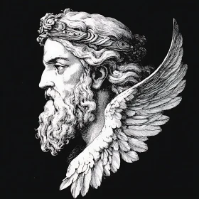 Black and White Winged Deity Illustration