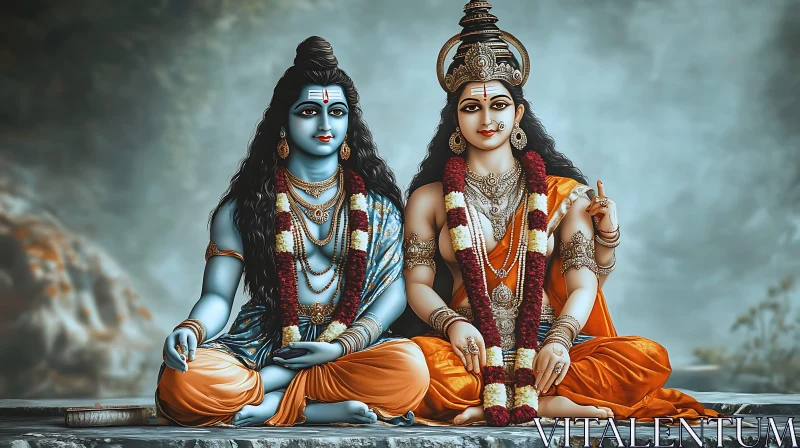 Serene Hindu Deities in Artistic Representation AI Image