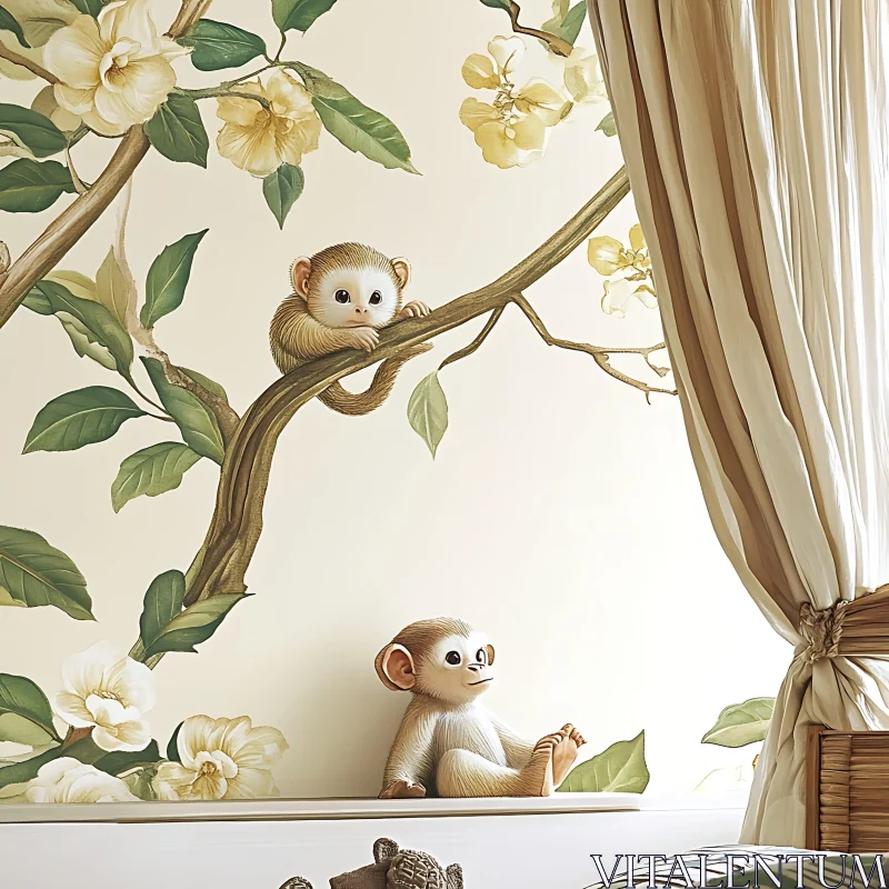 Adorable Baby Monkeys in Floral Setting AI Image