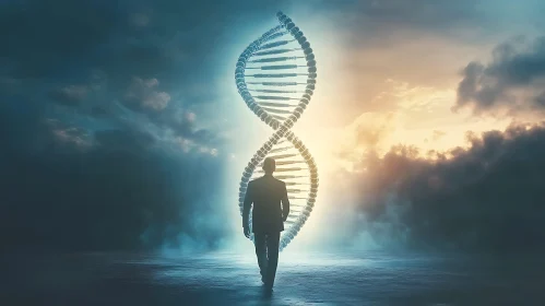 Silhouetted Man Approaching DNA Helix Amidst Clouds