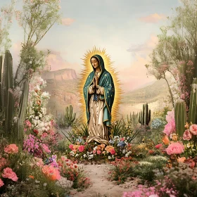 Holy Figure in a Vibrant Garden with Cacti