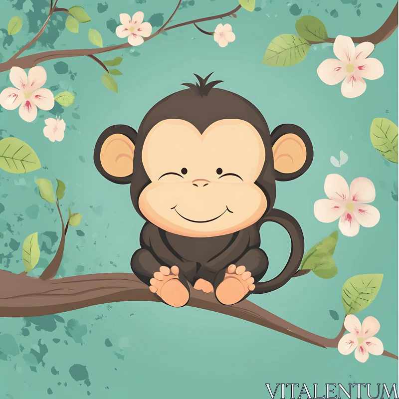 AI ART Smiling Cartoon Monkey with Blossoms