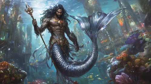 Enchanting Merman Among Coral Reefs and Ancient City