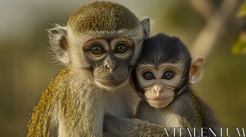 Mother and Baby Monkey in a Serene Forest Setting AI Image