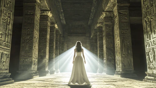 Woman in White Dress Standing in Ancient Carved Temple with Light Rays