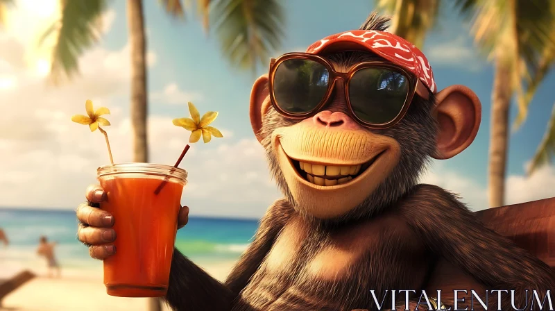 Sunny Beach Vacation with a Smiling Monkey AI Image