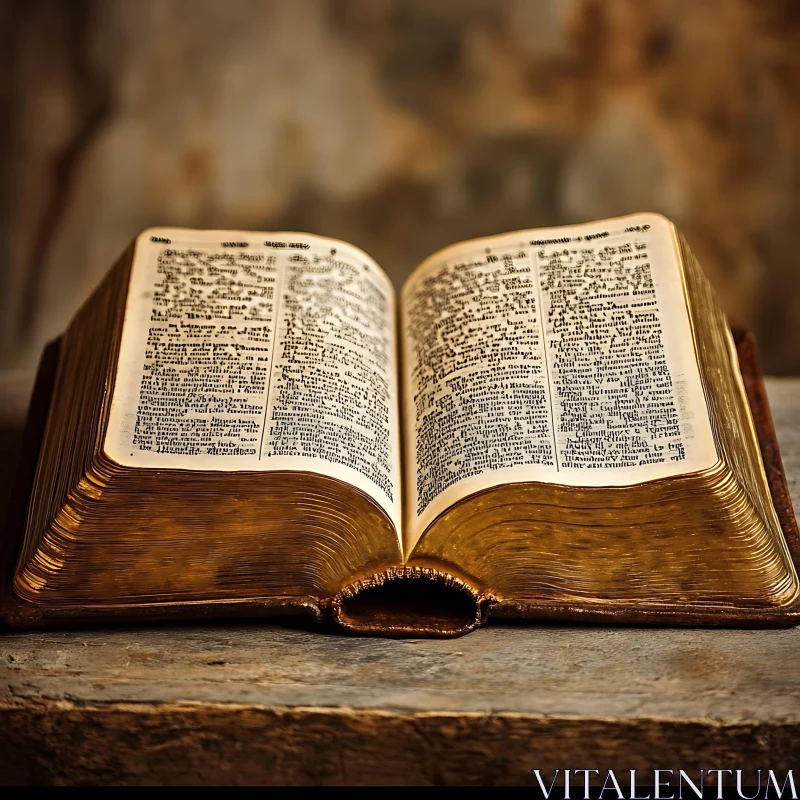 Vintage Bible Open on Wooden Table AI Image