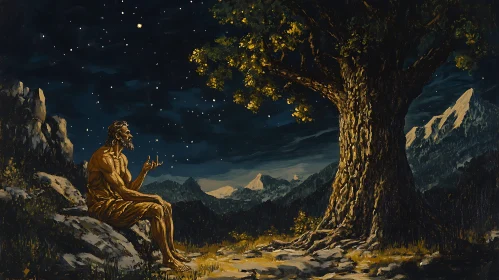 Contemplative Night Scene with Tree and Stars