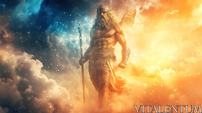 Divine Warrior in Ethereal Light and Clouds AI Image