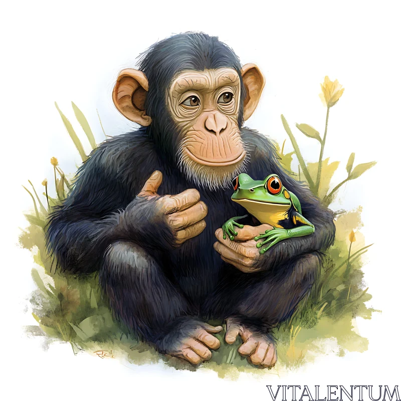 Monkey and Frog Friendship Illustration AI Image