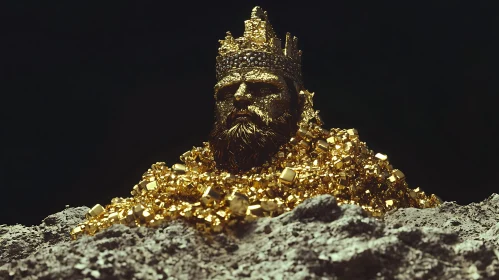 Regal Gold-Crowned Statue Surrounded by Gold