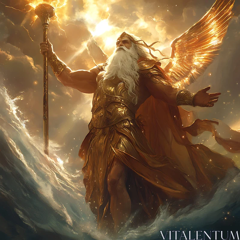 Divine Deity with Golden Armor and Staff Amid Celestial Light Divine Deity with Golden Armor and Staff Amid Celestial Light