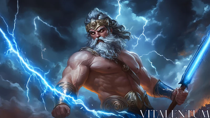 Mythical Zeus in a Stormy Sky AI Image