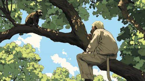 Man and Monkey Conversing on Tree Branches