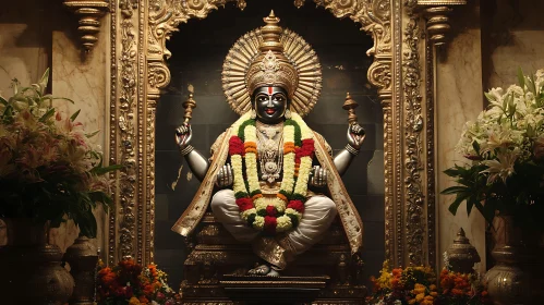 Majestic Hindu Deity Statue Adorned with Garlands