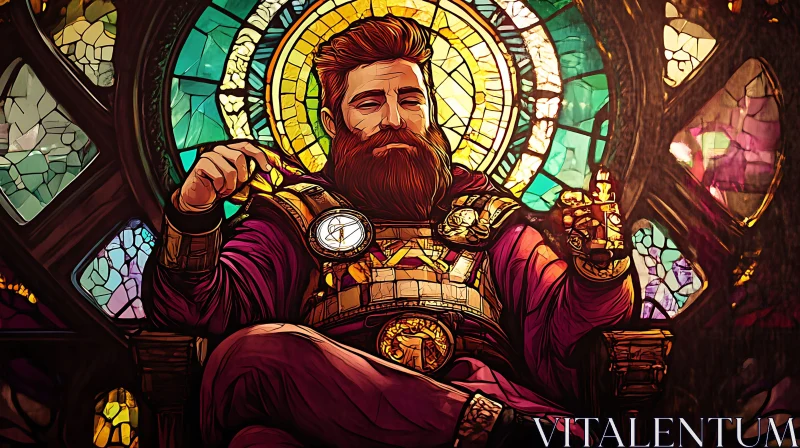 AI ART Medieval Bearded Man Sitting on Throne in Stained Glass Art