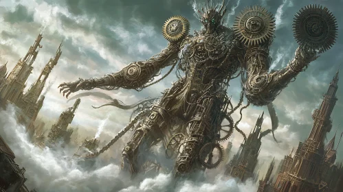 Gothic City Overlooked by Steampunk Mechanical Giant