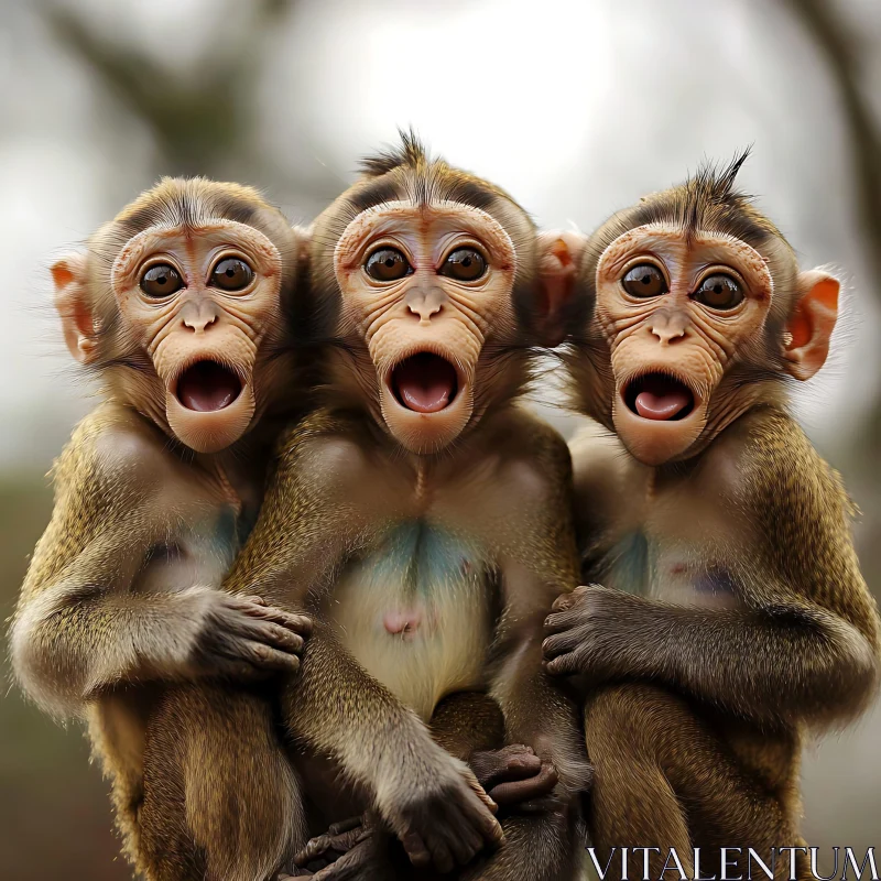 Expressive Surprise of Three Young Monkeys AI Image