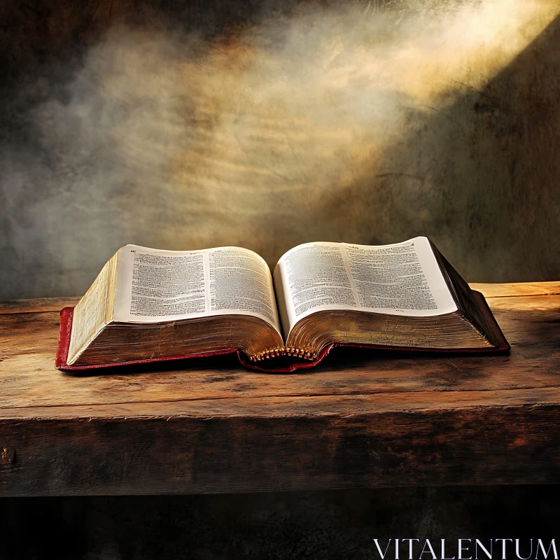 Aged Open Book on Wooden Table with Gentle Light Beam AI Image