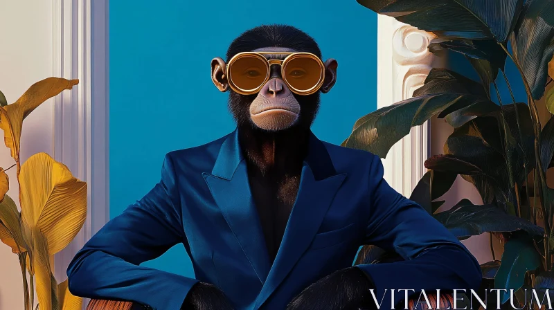 Fashionable Monkey Portrait with Blue Suit and Glasses AI Image