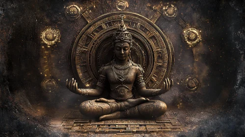 Bronze Meditative Deity with Ornate Background