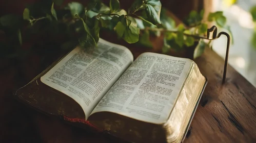 Open Antique Book on Wooden Surface with Greenery