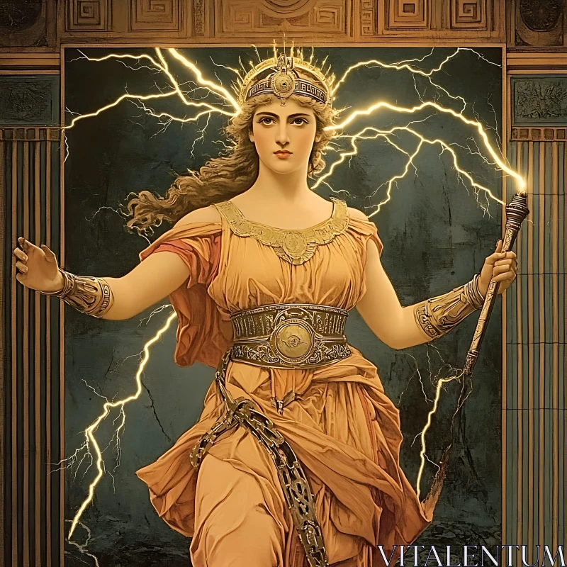 Powerful Greek Deity with Torch and Lightning AI Image