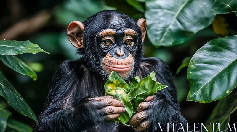 Chimpanzee Examining Leaves in Jungle AI Image