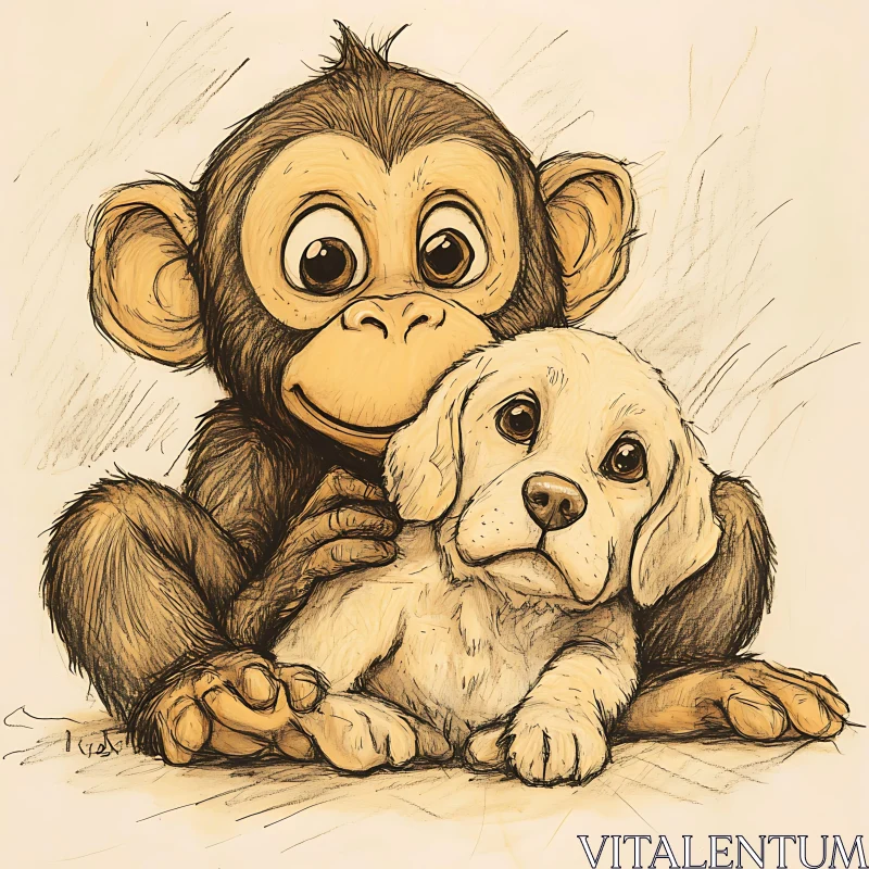 Adorable Friendship between Monkey and Puppy AI Image