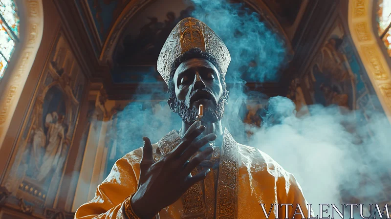 Bishop in Mystical Cathedral with Smoke AI Image