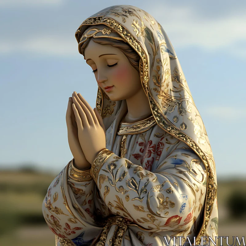 Prayerful Woman Statue in Tranquil Setting AI Image