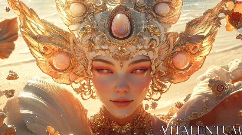 Surreal Character with Gold-Adorned Seashell Headpiece AI Image