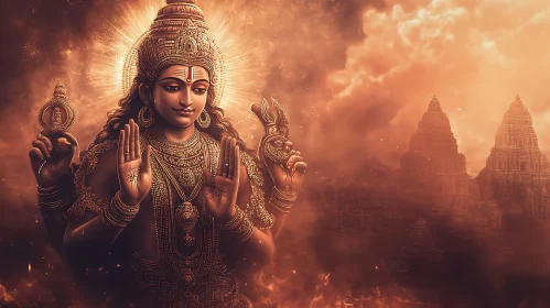 Divine Hindu Figure with Temples in Radiant Background