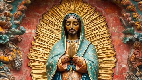 Stunning Religious Icon with Vibrant Teal Robe and Detailed Golden Elements