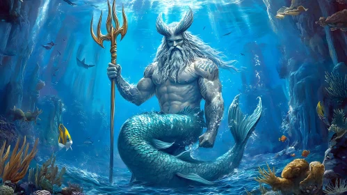 Aquatic Merman God with Trident in Underwater World