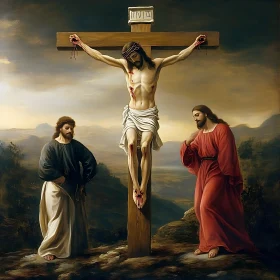 Biblical Crucifixion Painting with Mourners