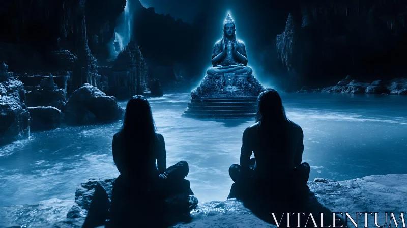 Meditative Reflections by a Radiant Statue in a Mystical Cave AI Image