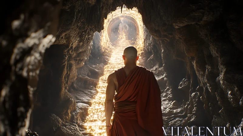 AI ART Monk's Journey through Illuminated Cave Pathway