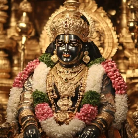 Golden Adorned Deity Statue with Flowers